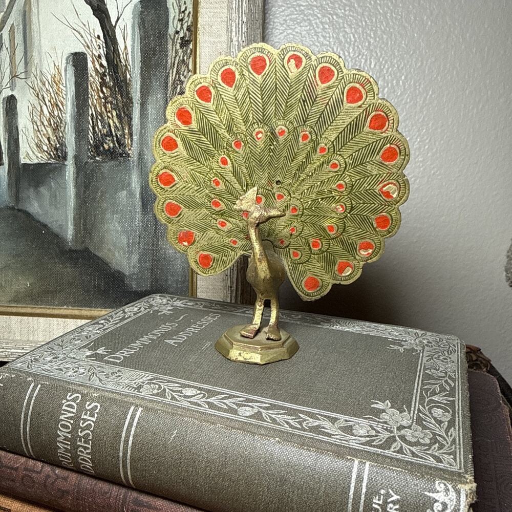 VTG Brass Peacock Figurine Enamel Tail India 4.5” MCM Hollywood Regency Decor